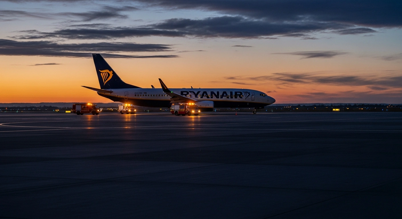 A Ryanair Boeing 737 aircraft, flight FR9448, is parked on a dimly lit tarmac at Adolfo Suárez Madrid-Barajas Airport at dusk, with emergency vehicles nearby, after making an emergency landing due to a technical fault.
