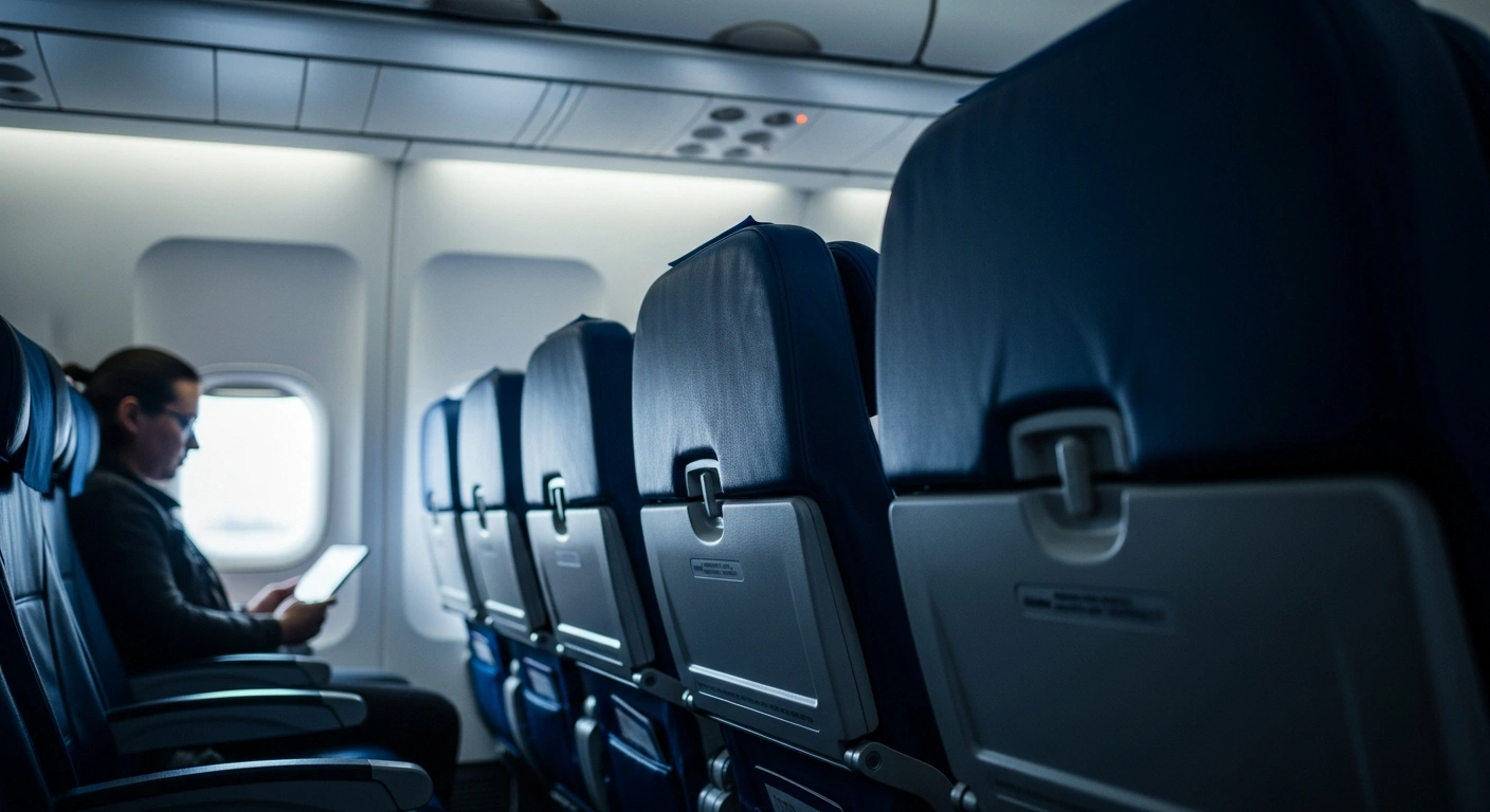 A row of empty airplane seats inside a cabin represents the UK Competition and Markets Authority investigation into Ryanair family seating fees.