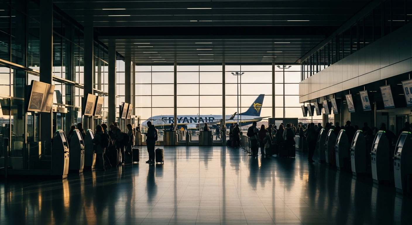 A crowded airport terminal filled with passengers waiting in long lines near automated border control kiosks as a Ryanair plane sits on the tarmac.