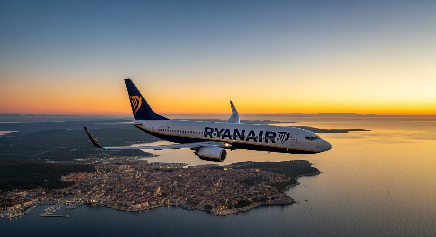 A Ryanair Boeing 737 aircraft flies over the illuminated coastline of Zadar, Croatia, at sunset, symbolizing the new direct flight route connecting Zadar with Kaunas, Lithuania.