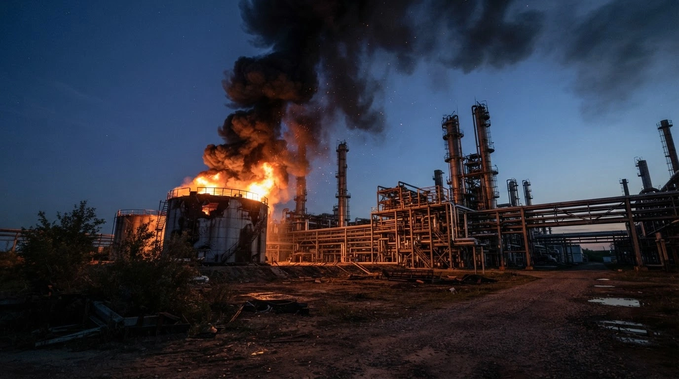 A large oil refinery in the Ryazan region is engulfed in flames and smoke following a Ukrainian drone attack on critical energy infrastructure.