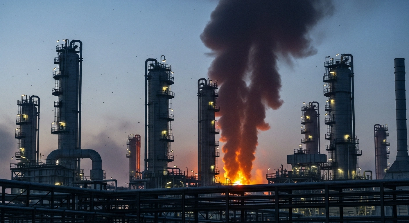A wide, low-angle shot of Russia's Ryazan Oil Refinery at night, showing a plume of dark smoke and orange glow emanating from a damaged low-temperature isomerization unit after a Ukrainian drone attack.