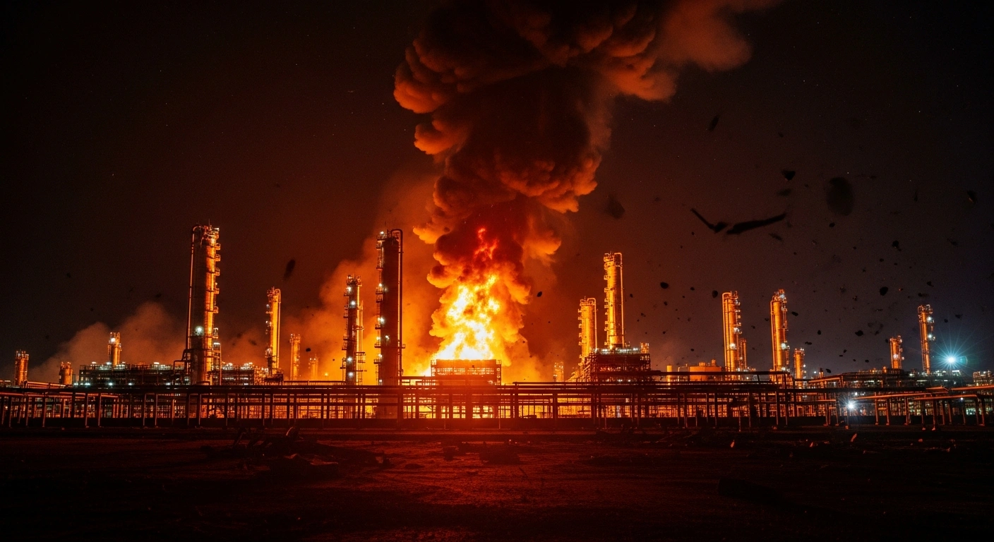 A wide-angle night shot depicts the Russian Ryazan oil refinery engulfed in flames and thick smoke following a Ukrainian drone attack, with scattered debris in the foreground indicating significant damage and halted production.