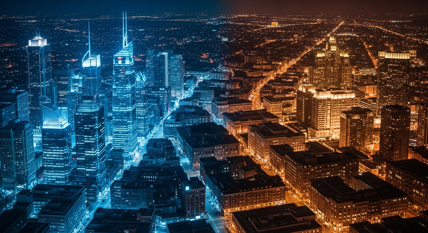 A high-angle, wide-angle shot of a metaphorical cityscape depicting mixed Q4 2025 S&P 500 earnings, with vibrant, electric blue lit skyscrapers representing leading technology growth on one side, contrasted with dimly lit, amber-toned older buildings symbolizing lagging consumer discretionary sectors on the other.