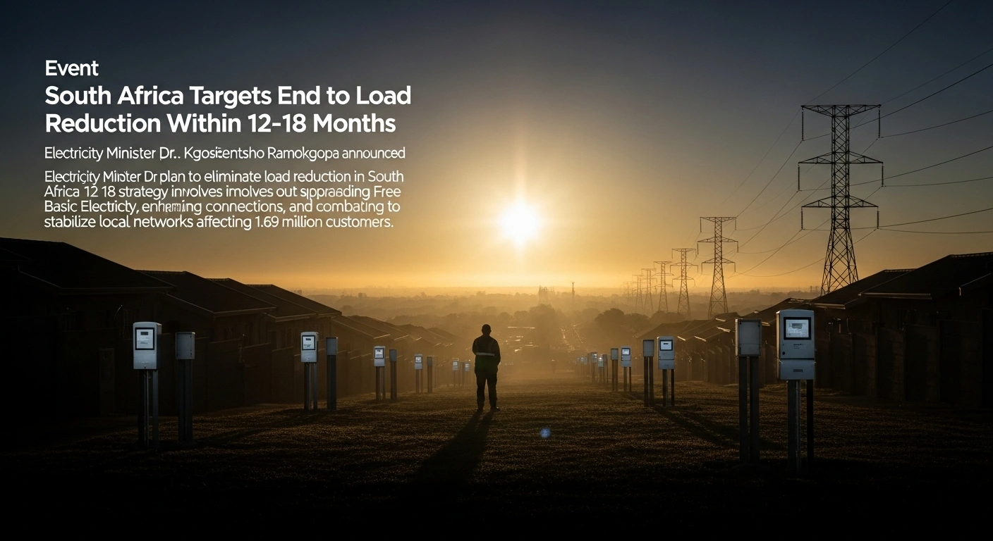 A wide, cinematic shot of a South African urban landscape at dawn, featuring newly installed smart meters on homes and modernized power infrastructure under a golden, hopeful light, symbolizing Electricity Minister Dr. Kgosientsho Ramokgopa's plan to eliminate load reduction and stabilize local networks for 1.69 million customers.