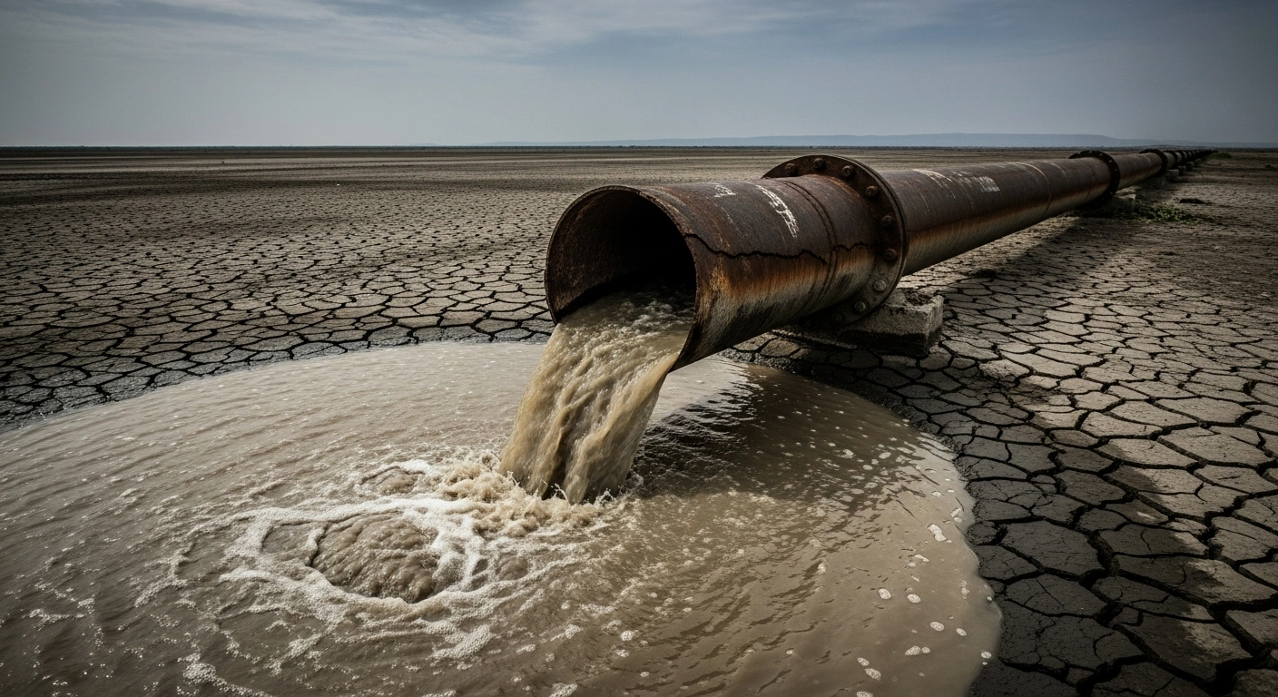 A severely corroded, ancient cast-iron pipe gushes murky water onto parched, cracked earth in a desolate, sun-baked South African landscape, visually representing the widespread water leaks and declining water services caused by outdated infrastructure, poor governance, and financial mismanagement, as identified by Deputy President Paul Mashatile.