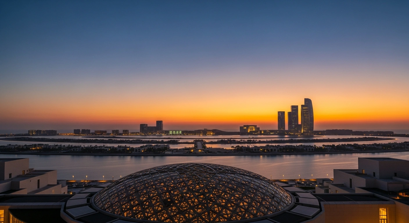 A wide-angle, twilight view of Abu Dhabi's Saadiyat Island showcases the iconic, illuminated dome of the Louvre Abu Dhabi reflecting in calm waters, with other modern museum silhouettes in the distance, representing its emergence as a premier global art destination with institutions like the Zayed National Museum and future additions like the Guggenheim Abu Dhabi.