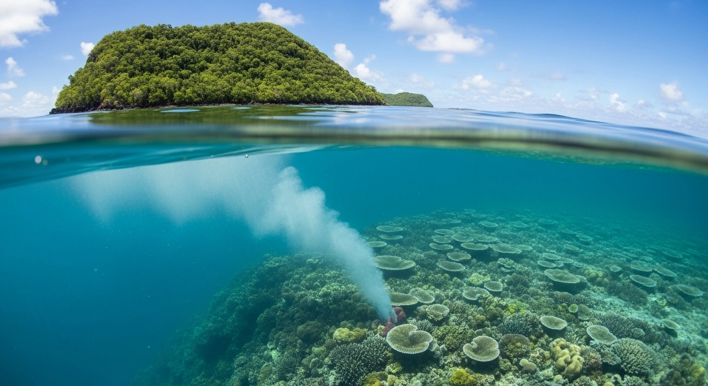 A split-level photograph depicts a lush tropical island coastline above the water and a vibrant coral reef below, where a milky plume, representing groundwater-borne nutrients from land-based sources like cesspits, flows from the seabed towards the delicate coral, highlighting the threat to Saba's coastal marine ecosystems.