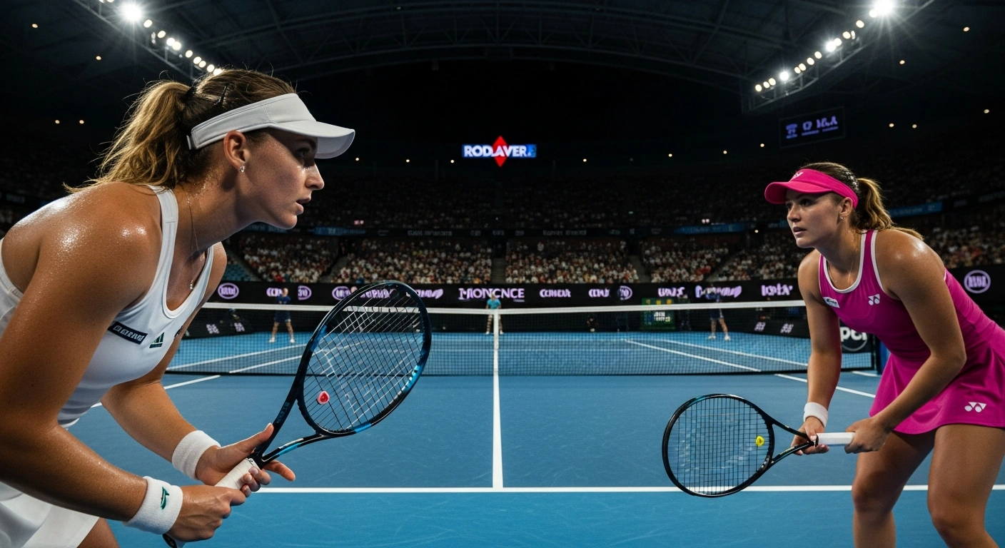 A photorealistic image captures two elite female tennis players, Aryna Sabalenka and Elena Rybakina, in intense action on the vibrant blue court of Rod Laver Arena during their highly anticipated rematch at the 2026 Australian Open women's singles final.