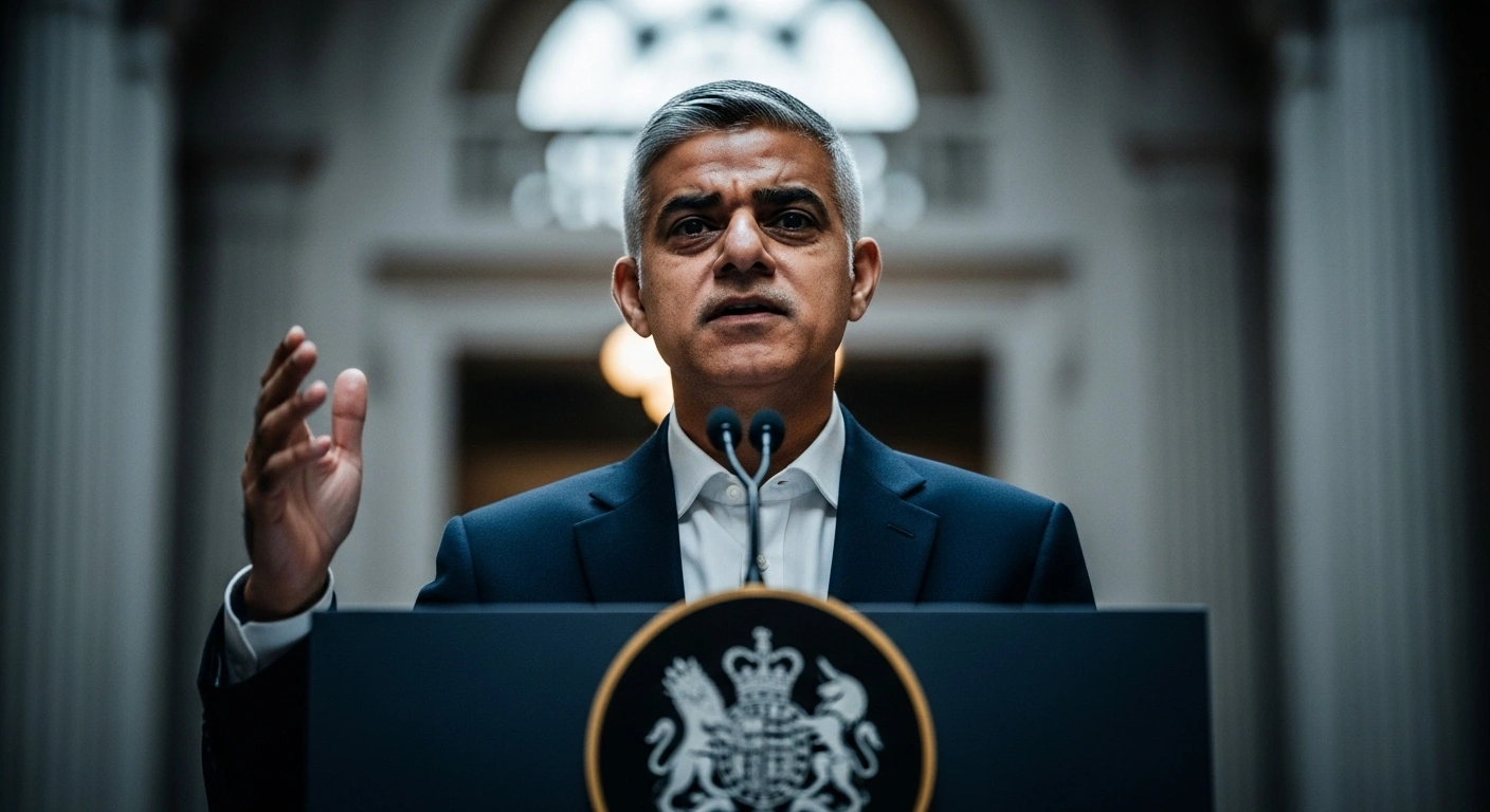 London Mayor Sadiq Khan, illuminated by dramatic lighting, stands at a podium with a resolute expression, delivering a strong condemnation of Donald Trump's recent criticisms regarding London, the UN, and NATO.