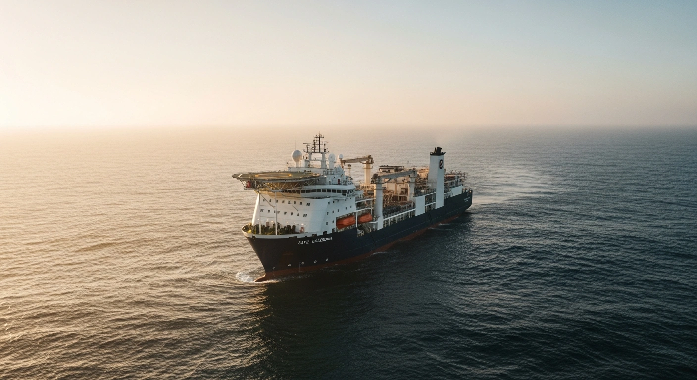 A wide, cinematic shot of the Safe Caledonia accommodation vessel anchored in the UK North Sea at dawn, representing the contract extension between Ithaca Energy and Prosafe for its services at the Captain field until mid-December 2025, valued at approximately USD 1.8 million.