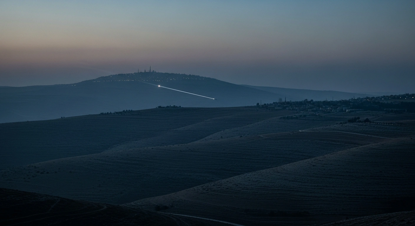 A searchlight scans the night sky over the hills of the Upper Galilee near Safed during a suspected drone infiltration alert.