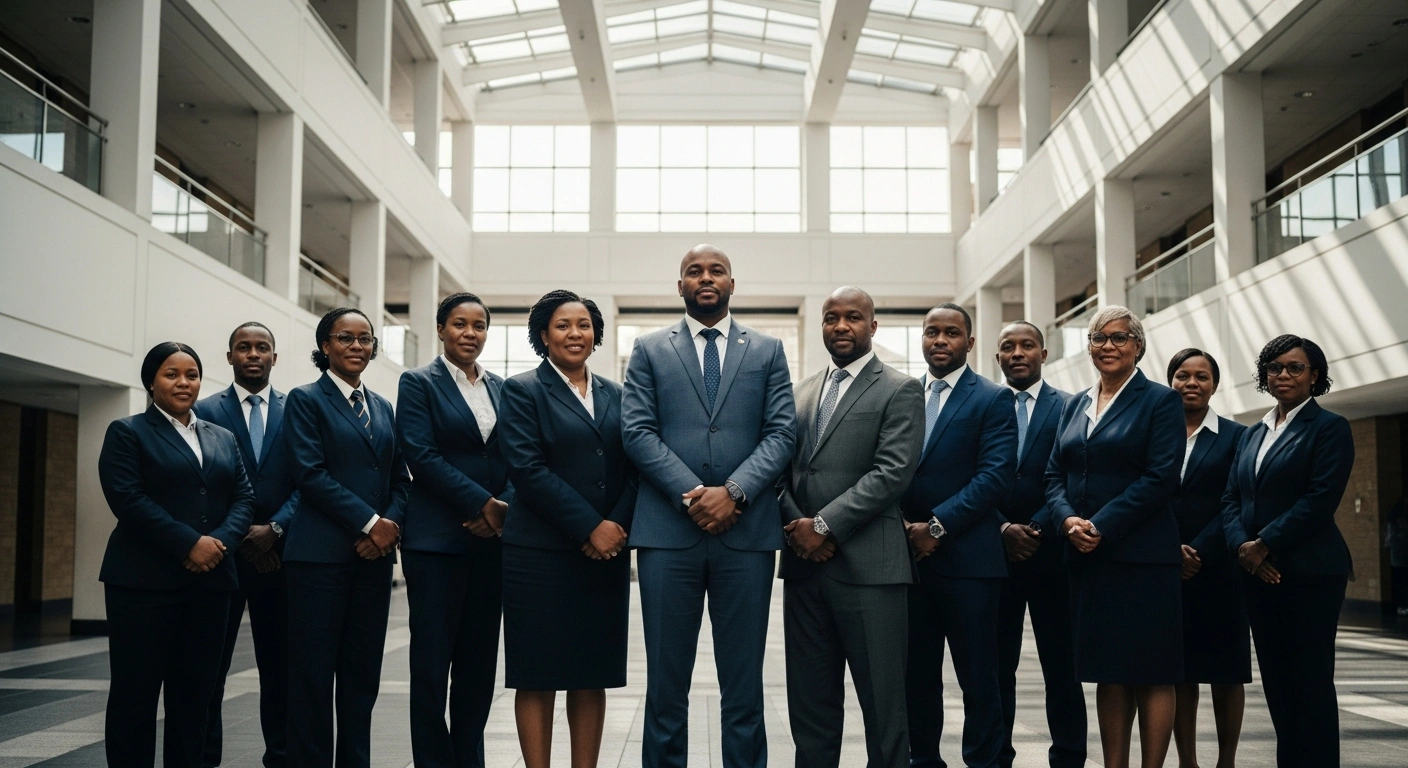 A group of professional civil servants stands in a modern government building to represent the South African Federation of Trade Unions supporting the Public Service Amendment Bill.