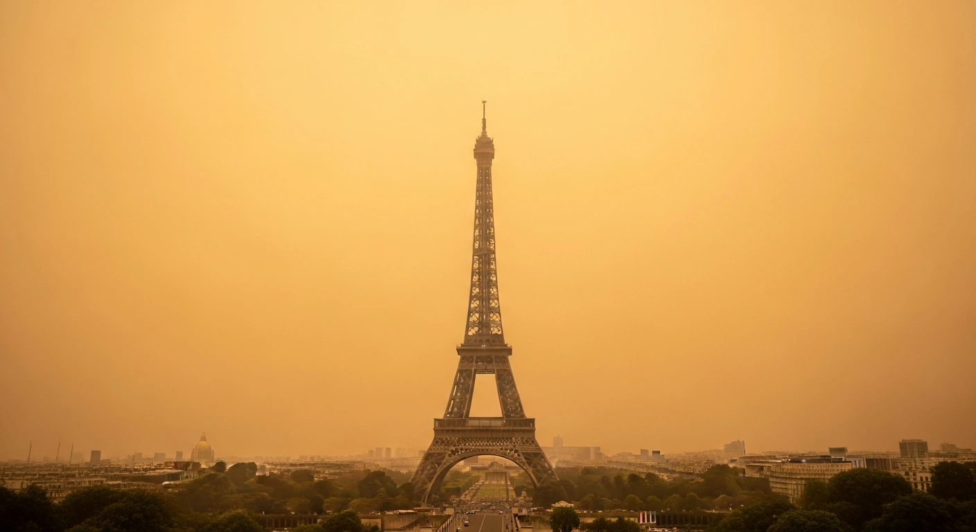 A wide shot of the Eiffel Tower in Paris, France, partially obscured by a significant Saharan dust plume that arrived on February 24, 2026, creating an orange, hazy sky and raising concerns about air quality due to PM10 particle levels.