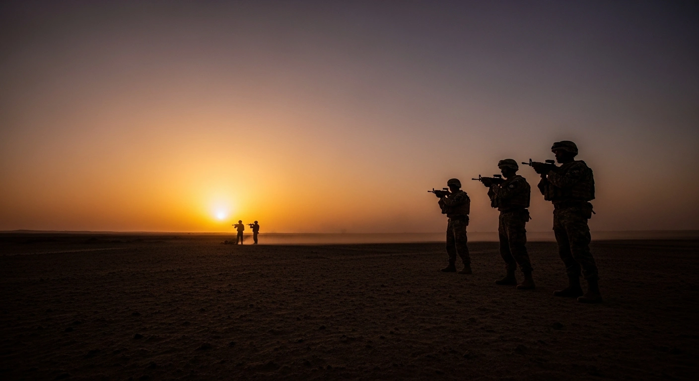 Three silhouetted soldiers from the Alliance of Sahel States stand vigilant at dusk over an arid landscape, symbolizing the maximum alert status of Burkina Faso, Mali, and Niger against perceived foreign interference and reorganizing terrorist groups.