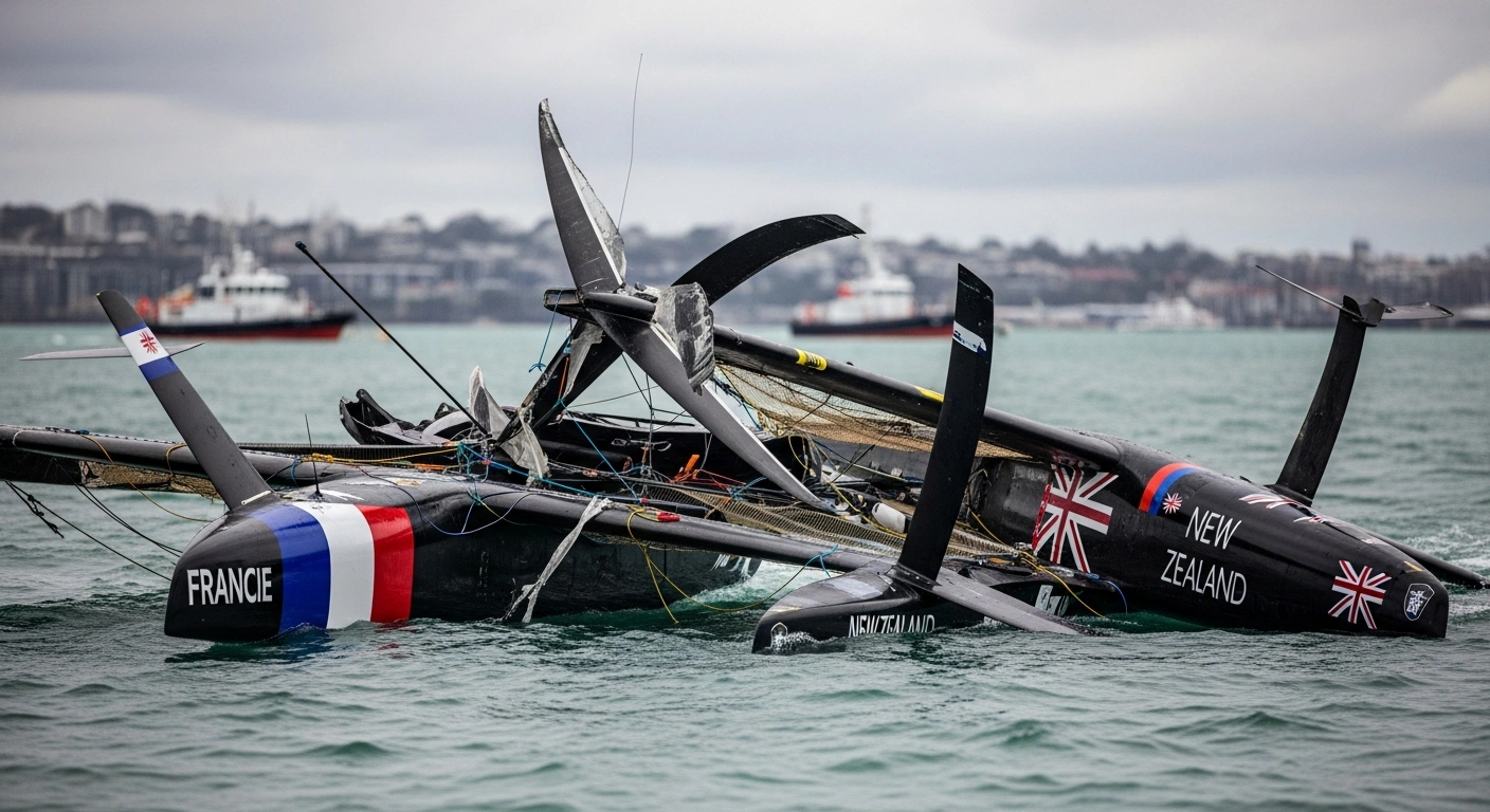 Two severely damaged F50 catamarans, one French and one New Zealand, are entangled in the water after a high-speed collision during the SailGP New Zealand leg in Auckland, with emergency personnel visible in the background.