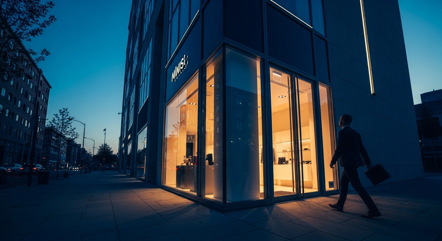 A modern retail storefront at twilight represents the divestment of the Argos brand by the supermarket giant Sainsbury's.