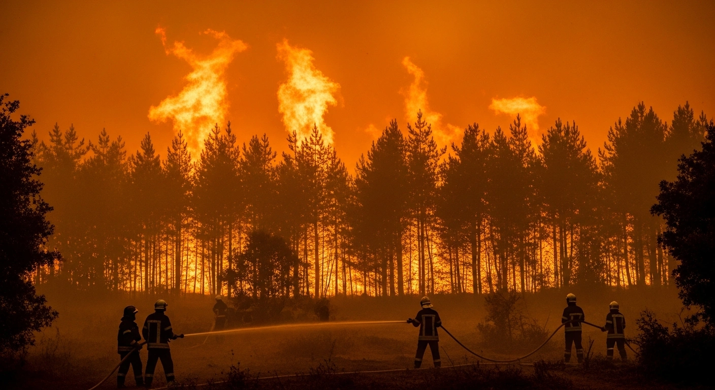 Firefighters work to extinguish a large forest fire in the Saint-Just area of Ille-et-Vilaine, France, during a period of extreme heat.