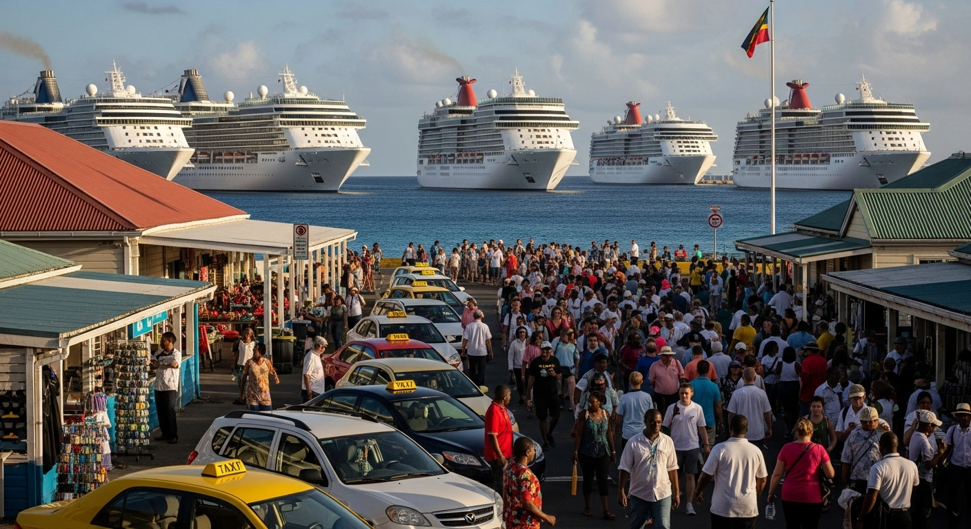 A vibrant, elevated view of Saint Kitts' bustling port at golden hour, showing five large cruise ships docked in clear blue water, with numerous tourists disembarking and interacting with local vendors, taxi operators, and tour guides, symbolizing a significant surge in cruise tourism and economic boost.