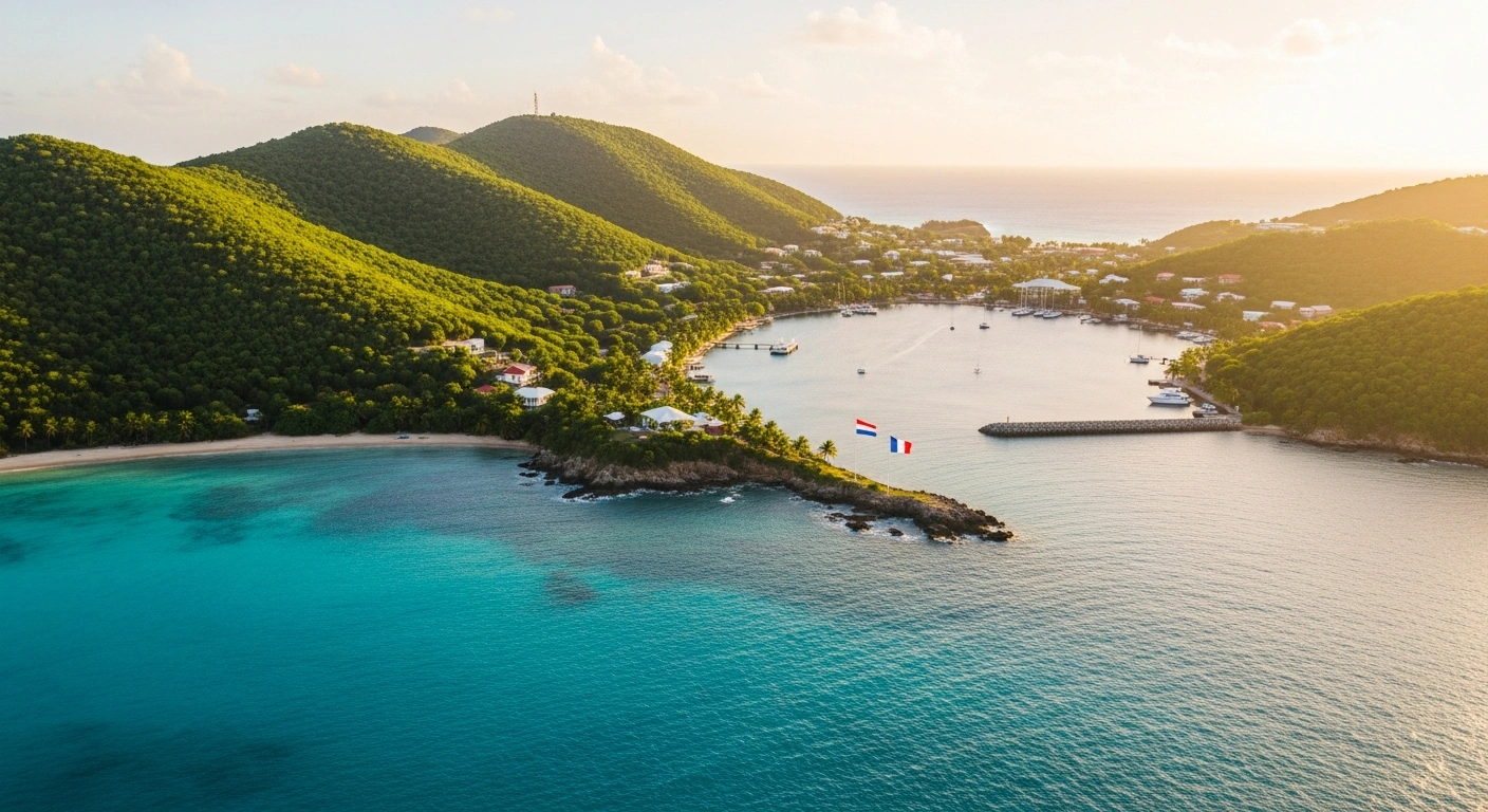 An aerial view of the Oyster Pond on the island of Saint Martin showing the border area between the French Collectivity and the Dutch Sint Maarten.