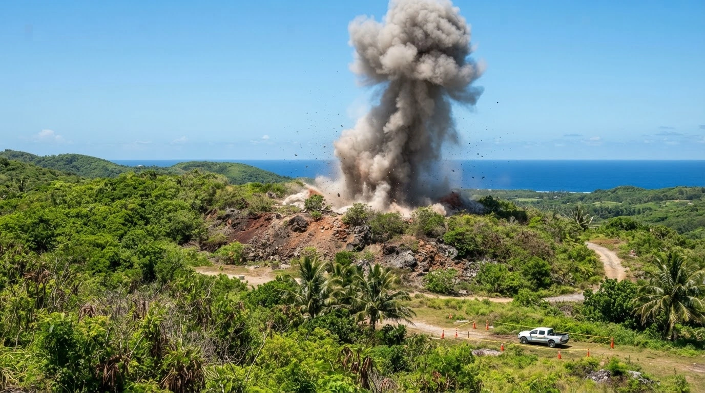 A controlled detonation of a World War II unexploded ordnance creates a large plume of smoke and dust in a remote area of Saipan.