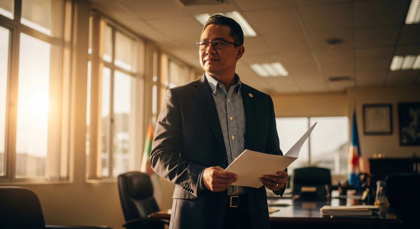Saipan Mayor Ramon RB Camacho stands in an office while officially filing his candidacy paperwork for a final term in office.