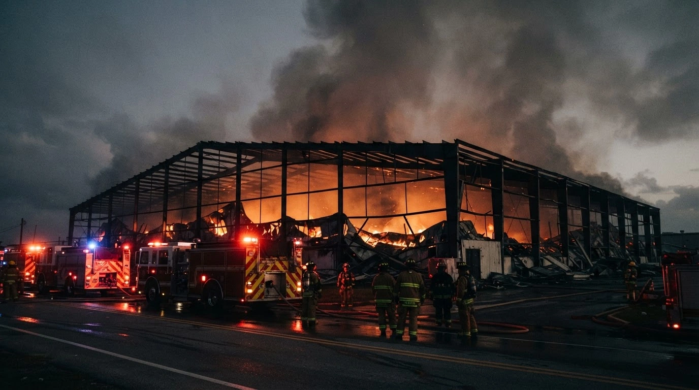 Emergency responders work to contain a large fire at a steel-frame warehouse in Saipan, Northern Mariana Islands.