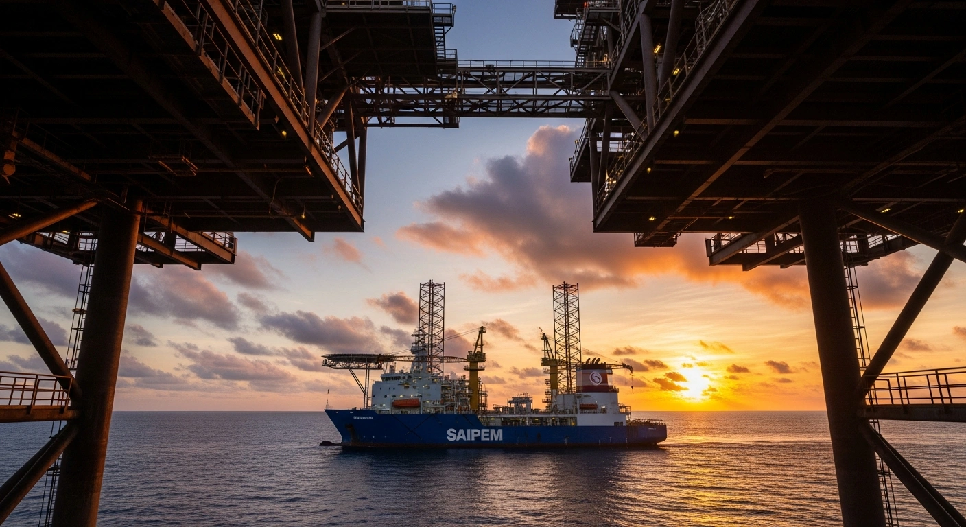 A vast offshore natural gas production platform, illuminated by the setting sun, with a large industrial vessel nearby, symbolizing the significant EPCI contract awarded to Saipem by QatarEnergy LNG for sustaining natural gas production from the North Field.