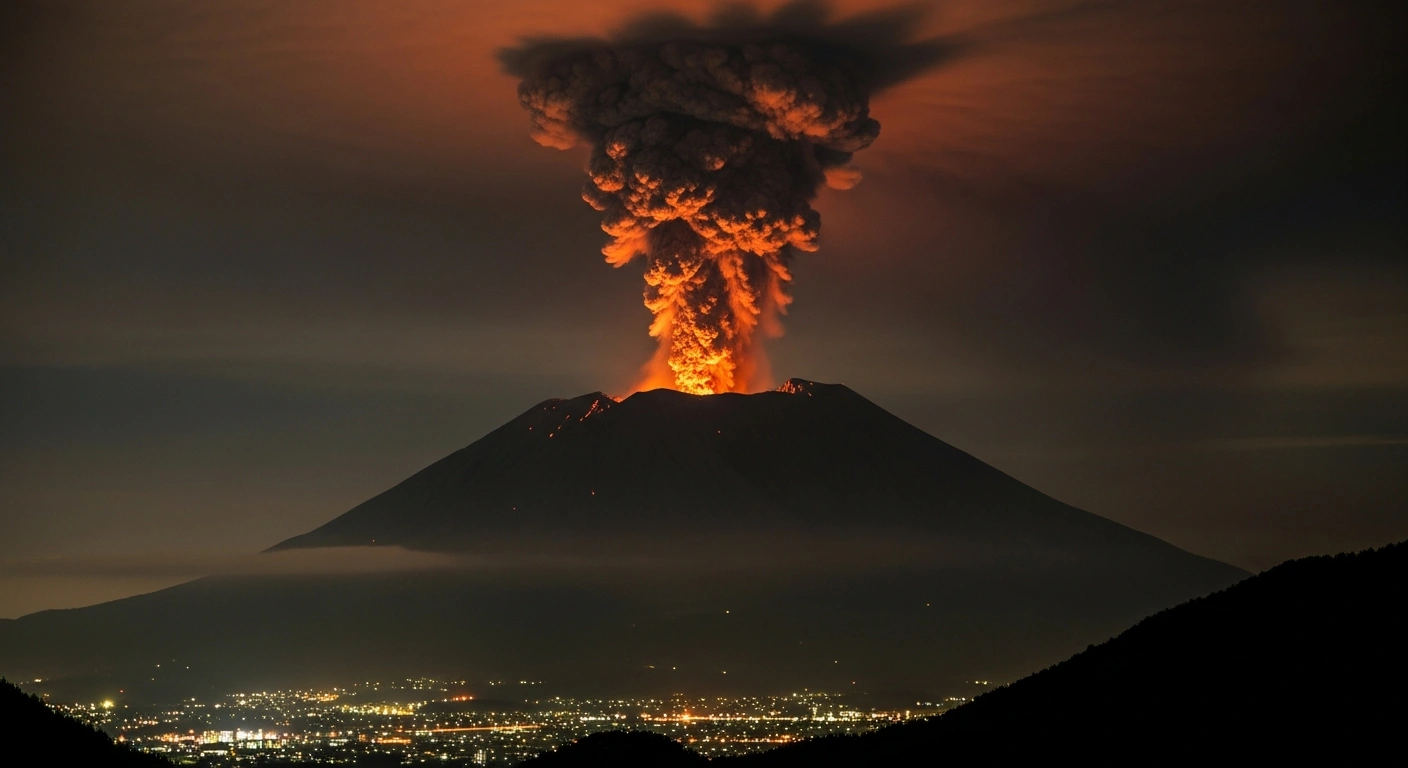 A massive ash and smoke plume rises dramatically from Japan's Sakurajima volcano, specifically the Minamidake crater, against a pre-dawn sky, following an eruption that led to flight cancellations at Kagoshima Airport and ashfall warnings for surrounding prefectures.