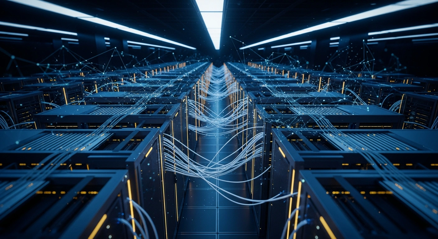 A modern data center server room represents the cybersecurity services provided by Salam under the Saudi National Cybersecurity Authority license.