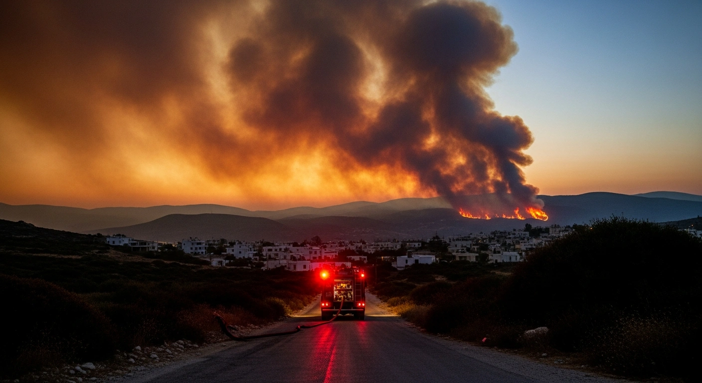 Firefighting vehicles respond to a large wildfire burning on the hills of Salamis as smoke rises into the evening sky.