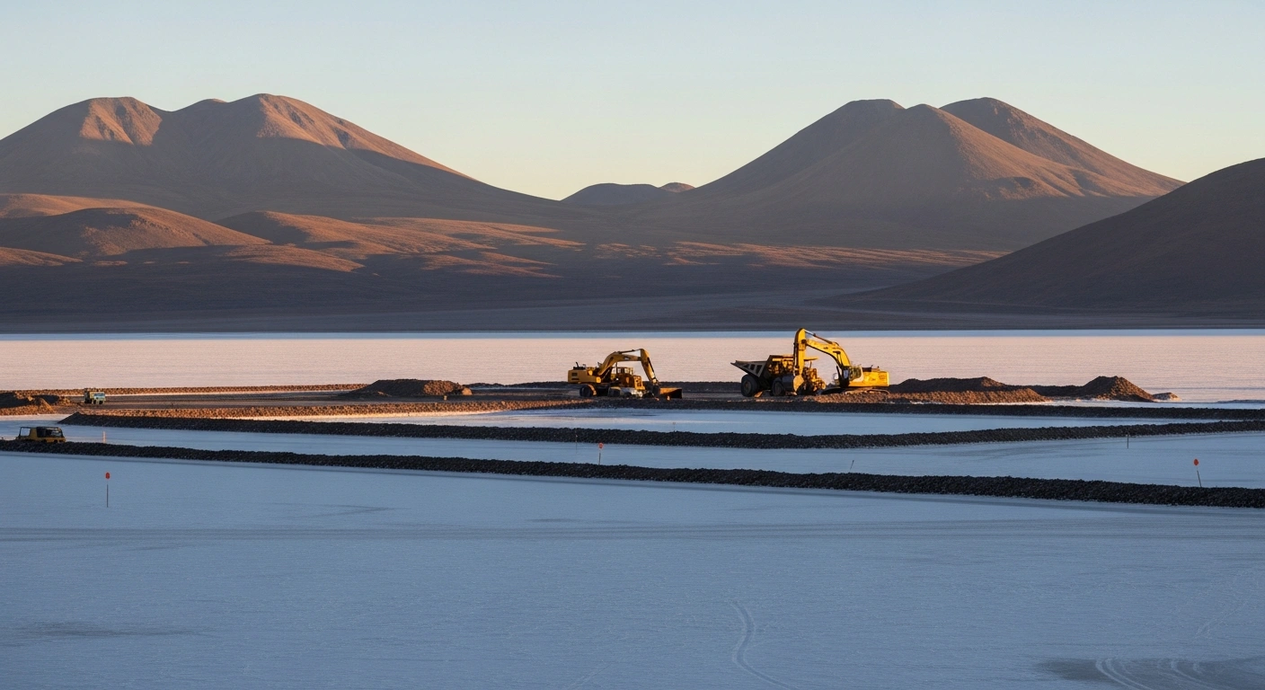 A wide, aerial view captures the vast, shimmering white expanse of the Salar de Ascotán in Chile, with specialized mining equipment visible on the salt flat, symbolizing the Minera Ascotán SpA joint venture between Codelco and Quiborax for lithium extraction.