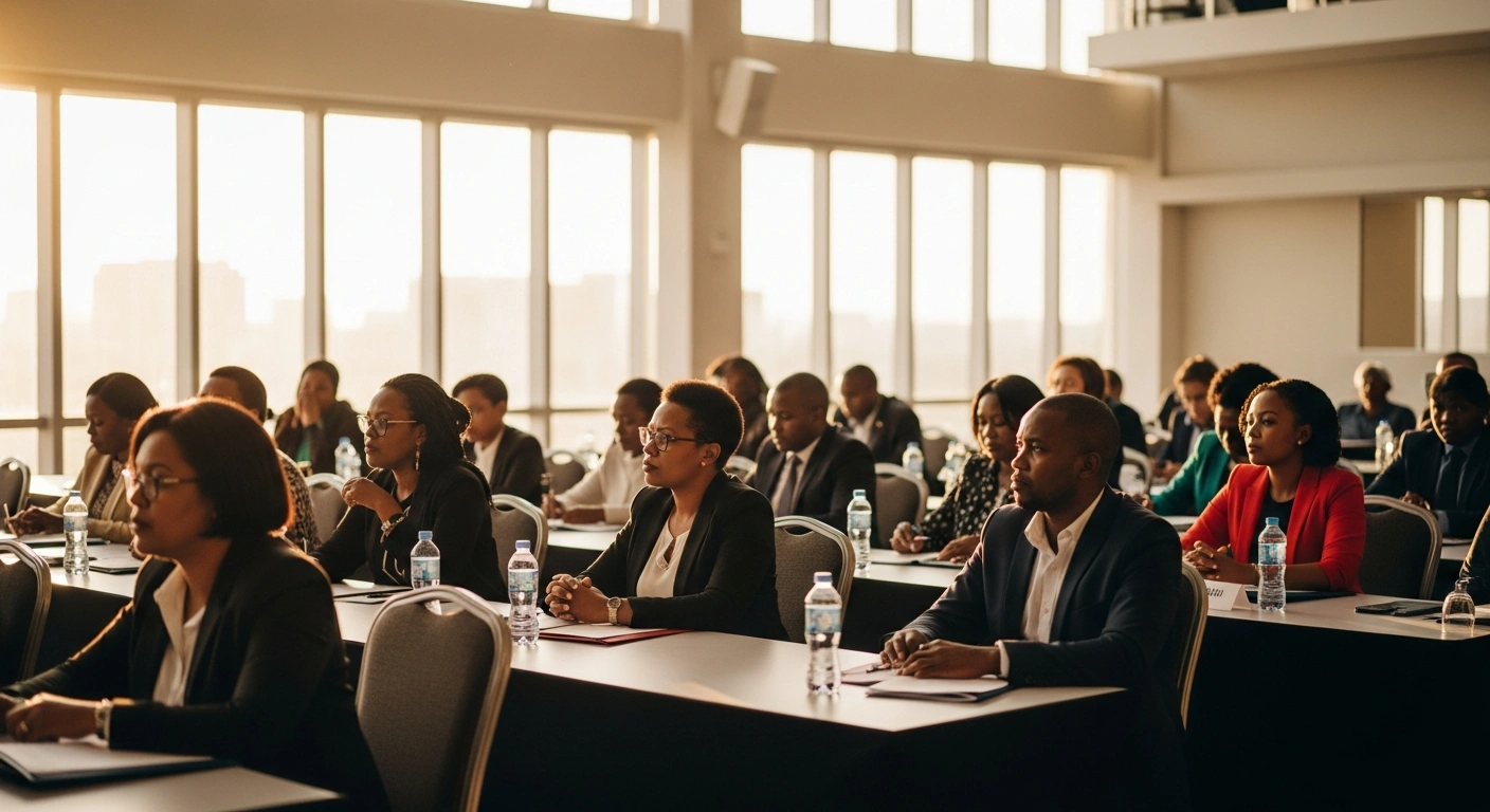 A diverse group of municipal leaders from 257 municipalities are gathered in a modern, sun-drenched conference hall in Durban, South Africa, at the 2025 SALGA National Members' Assembly, actively strategizing on service delivery, revenue management, and economic resilience to shape the future of local governance.