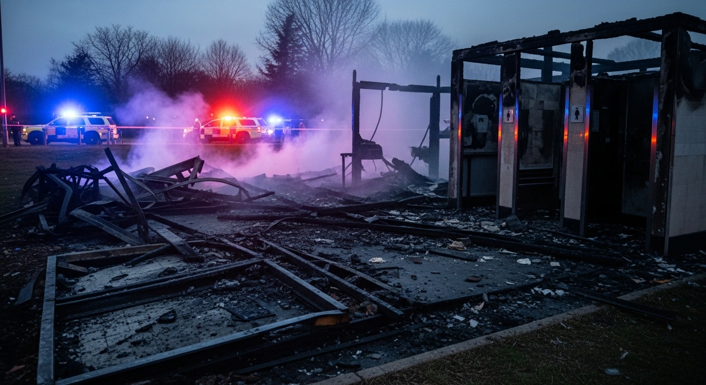 The charred remains of a public toilet facility in Salisbury, South Australia, are illuminated by emergency vehicle lights following an arson incident.