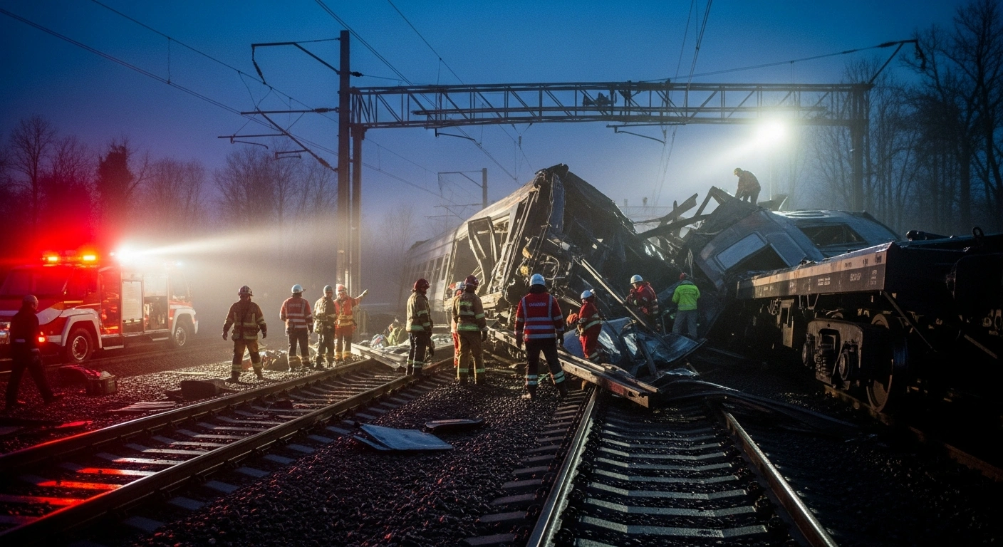 Emergency responders conduct a rescue operation at the site of a passenger train collision near Salisbury, England.