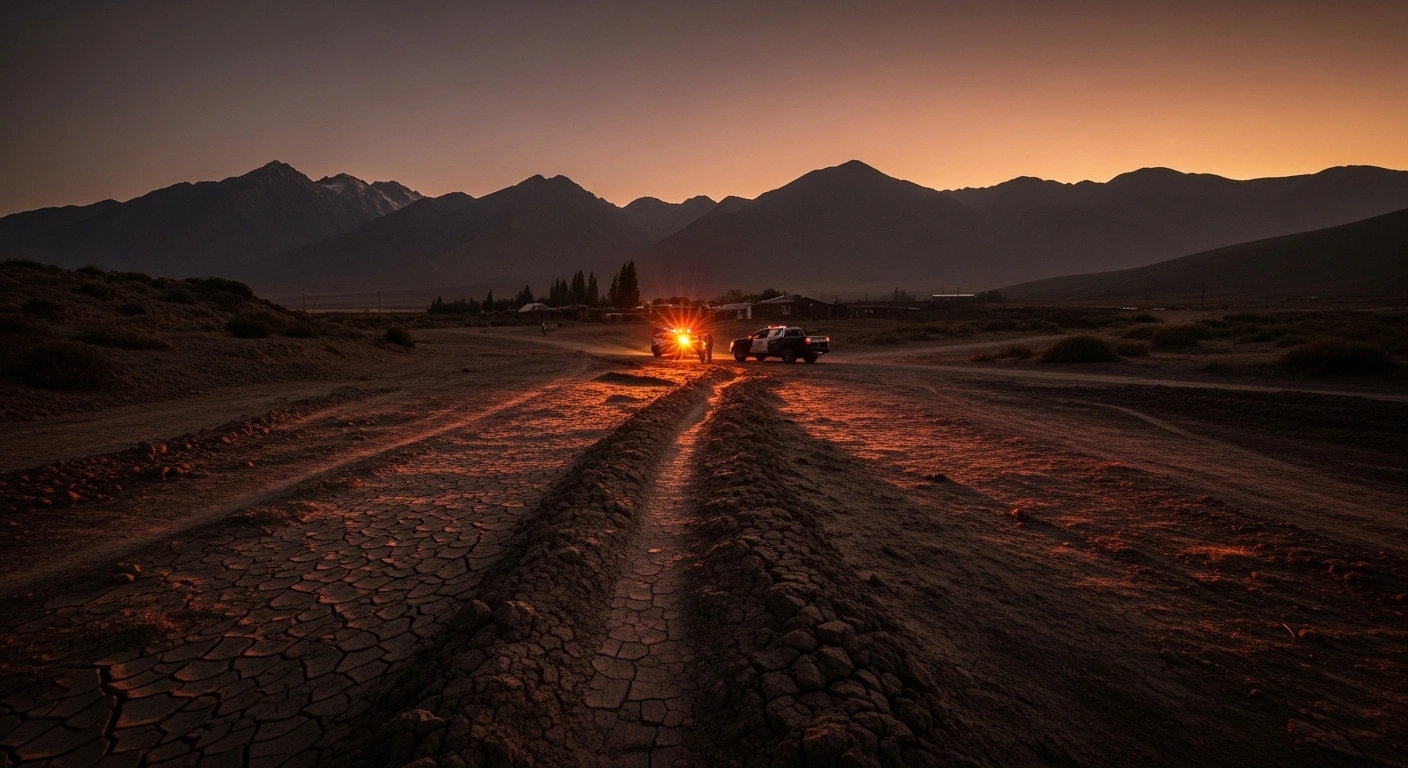 A patrol vehicle with flashing lights sits on a dusty road in the Salta Province of Argentina following a magnitude 5.5 earthquake.