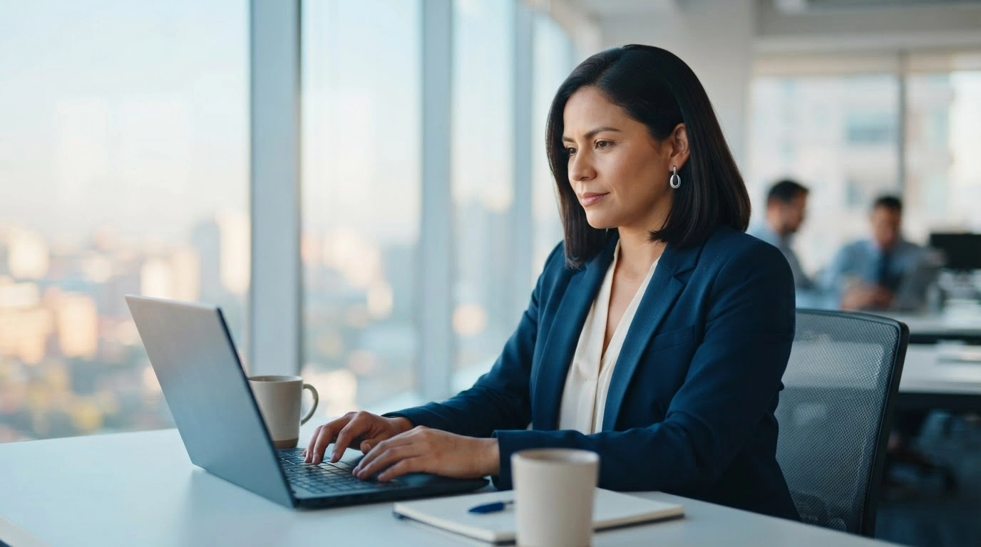 A professional worker of Salvadoran descent sits in a modern office, representing beneficiaries of the U.S. Temporary Protected Status program maintaining their work authorization.