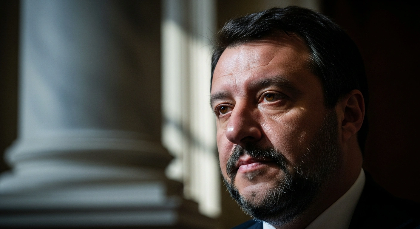 A close-up, low-angle portrait of Deputy Prime Minister Matteo Salvini, illuminated by dramatic light, reflecting relief and resolve after his definitive acquittal by Italy's Supreme Court in the high-profile Open Arms case, concluding a five-year legal battle over blocking a migrant rescue ship.