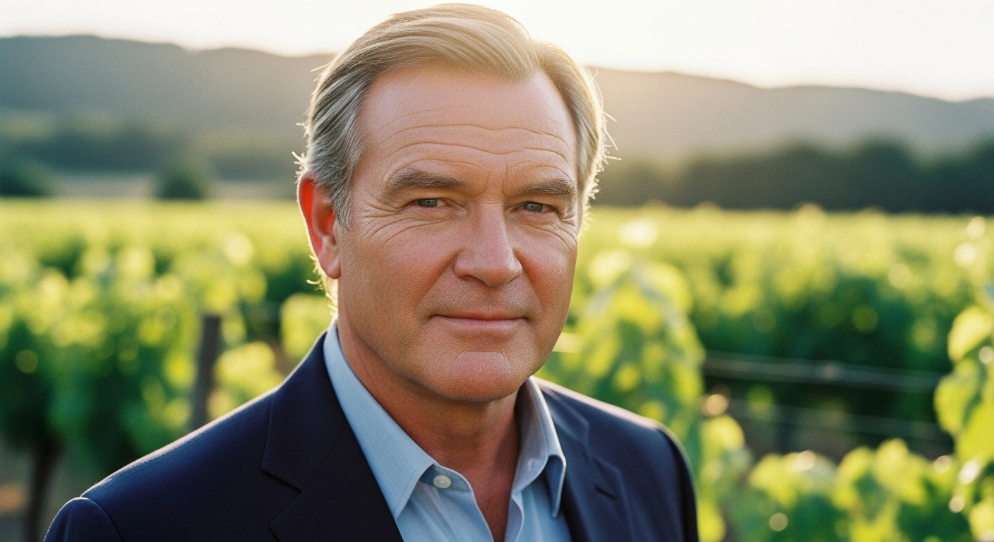A portrait of actor Sam Neill standing in a vineyard, confirming that the acclaimed star is alive and well.
