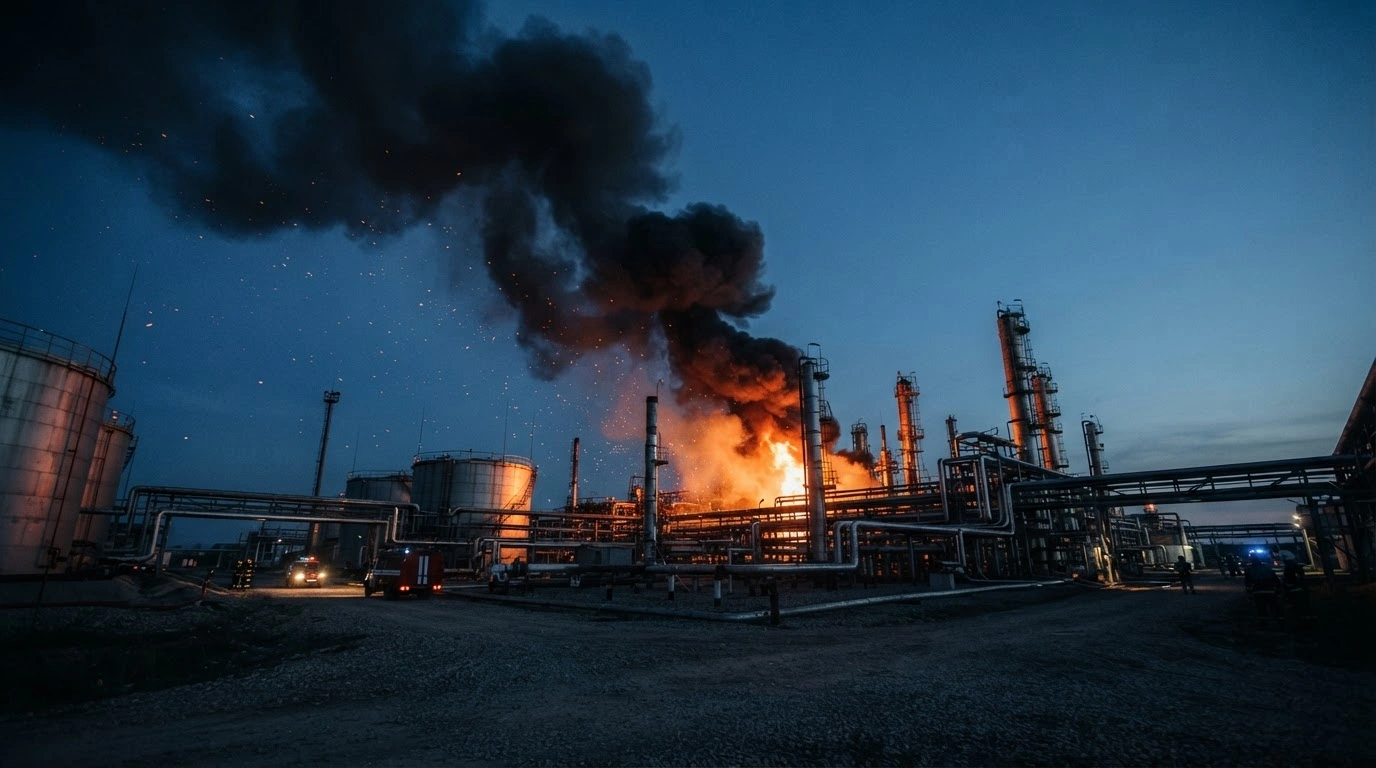 A large industrial oil production facility in the Samara region of Russia is engulfed in smoke following a reported drone strike.