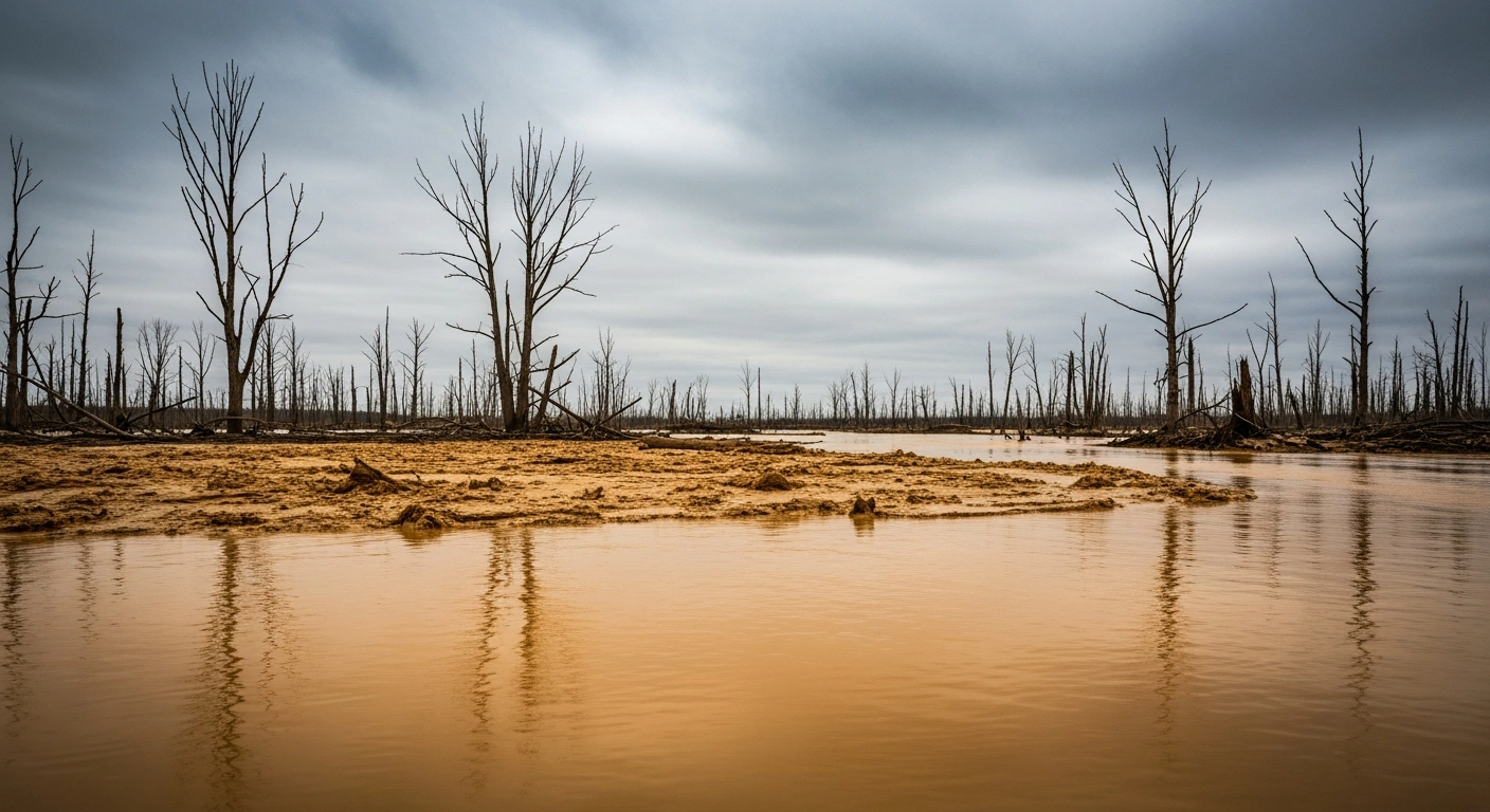 A wide, low-angle shot shows a desolate, scarred landscape under an overcast sky, with a vast river in the foreground choked by thick, ochre-colored toxic tailings, symbolizing the extensive environmental damage caused by the 2015 Samarco dam collapse in Brazil, for which BHP Group has been found liable.