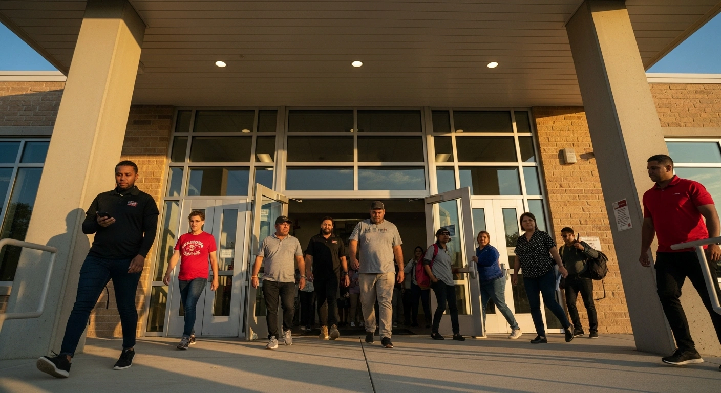 A diverse group of people, including adults and seniors, are seen entering and exiting a modern, light-filled community center during golden hour, representing the community-based mental health and substance abuse treatment and prevention programs funded by SAMHSA's $794 million block grant.