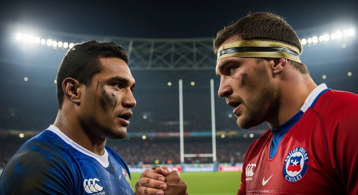 Two mud-streaked rugby players, one from Manu Samoa and one from Chile, exchange an intense look on the field under stadium lights, reflecting the hard-fought 32-32 draw in their Rugby World Cup 2027 qualifier.