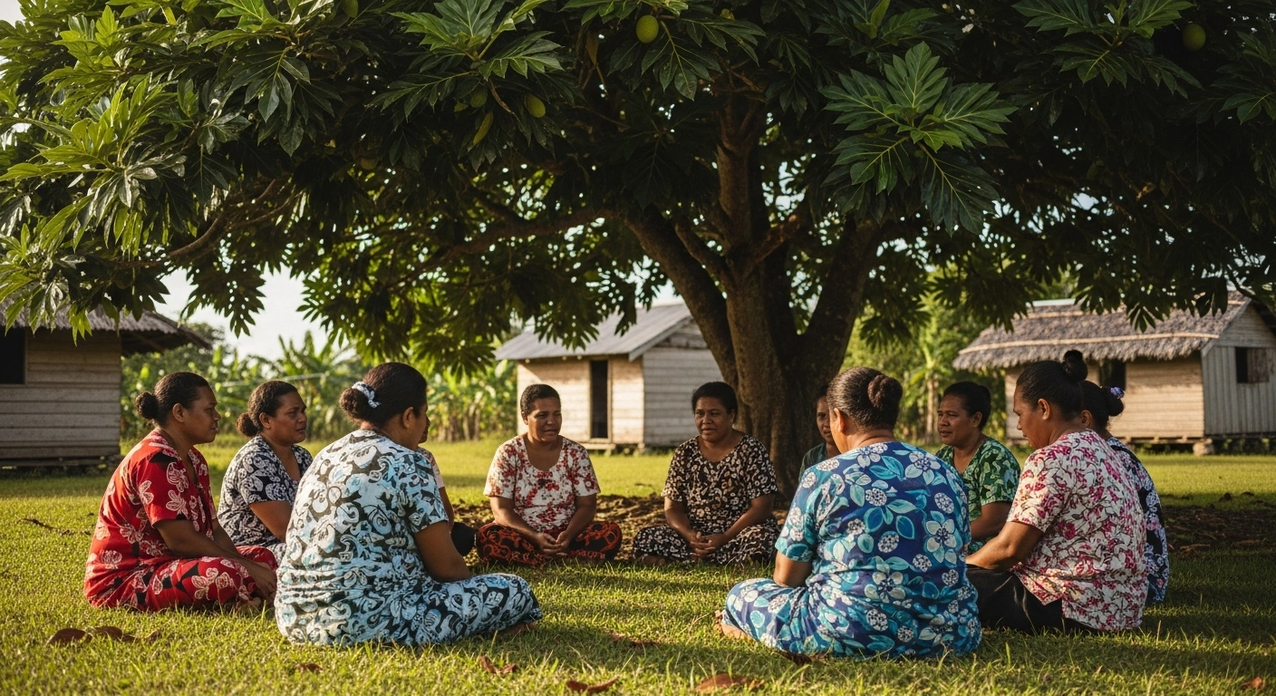 Members of the Samoa Victim Support Group gather in a rural village to discuss community-based domestic violence prevention and support initiatives.