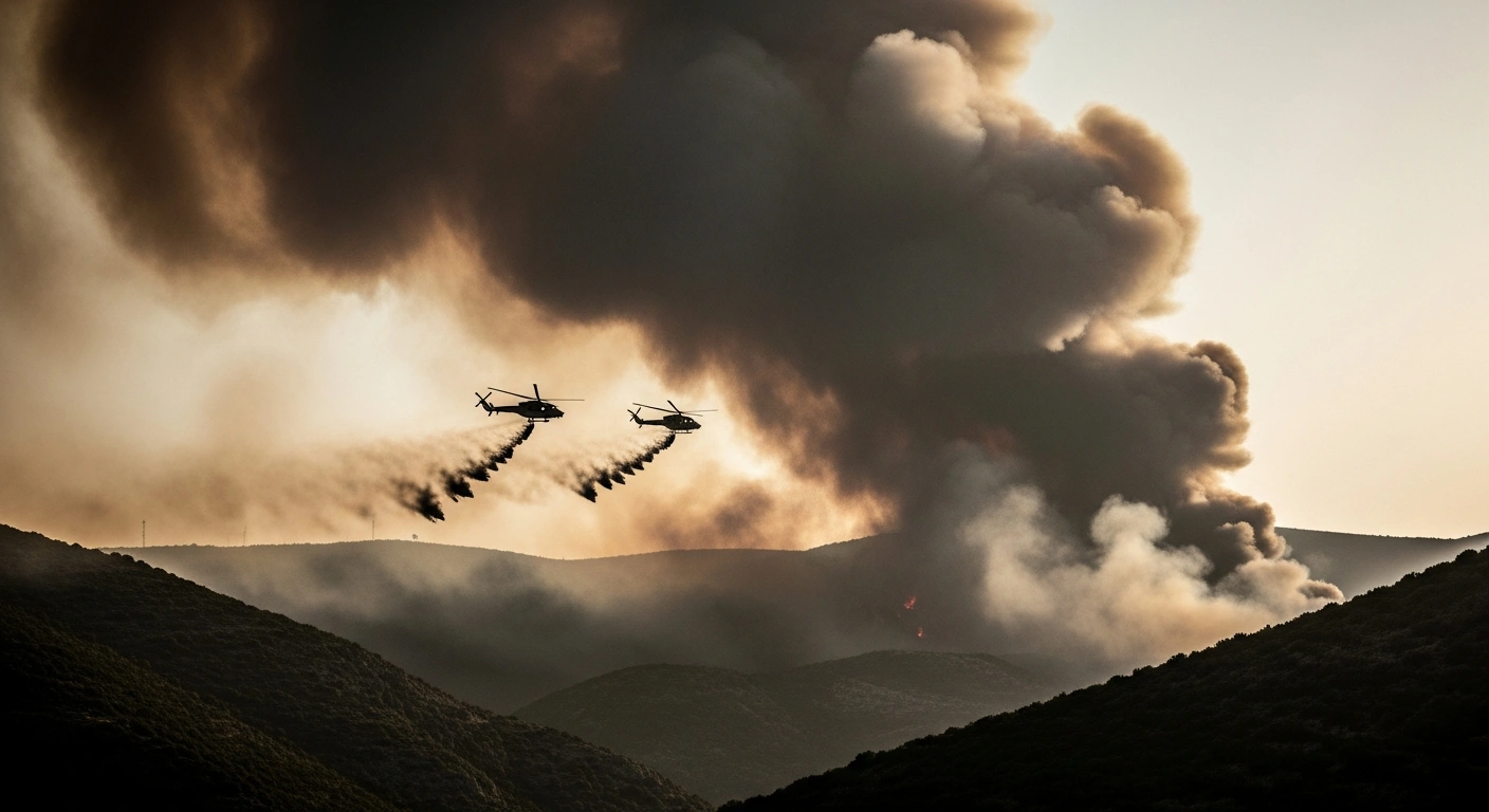 Two firefighting helicopters are shown in the sky above a large wildfire near Samos, Greece, during a fatal mid-air collision.