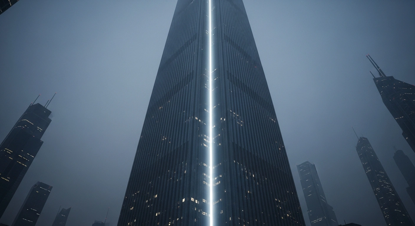A colossal, dark skyscraper, representing an online travel giant, is illuminated by a single, powerful searchlight cutting through a hazy cityscape, symbolizing China's SAMR investigation into Trip.com Group's suspected monopolistic conduct.