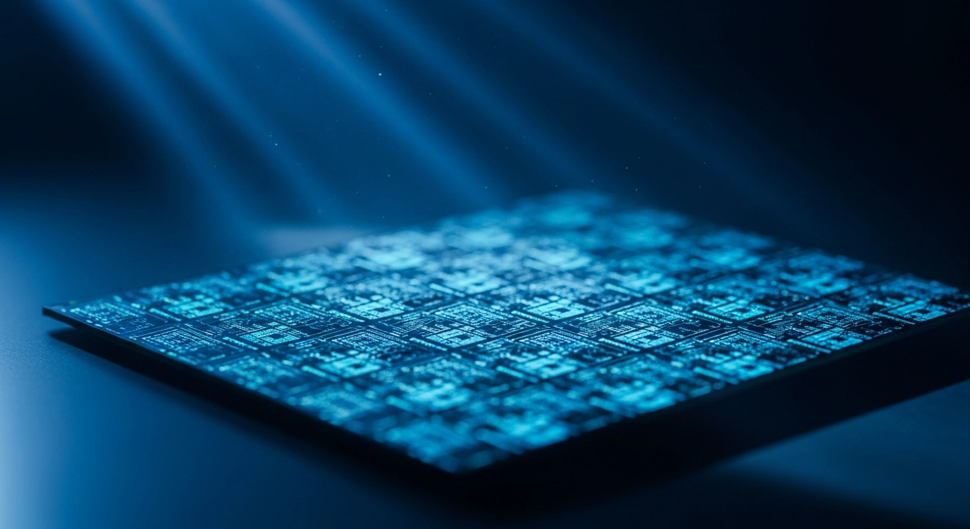 A detailed view of a high-tech semiconductor wafer representing Samsung Electronics' investment in AI chip manufacturing infrastructure.