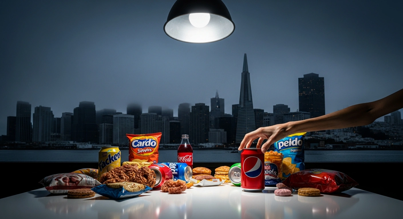 A low-angle, wide shot shows the San Francisco skyline at twilight, with a table in the foreground laden with ultra-processed foods like soda cans and chip bags, and a hand reaching towards a soda, representing the city's lawsuit against food manufacturers over addictive products and public health costs.