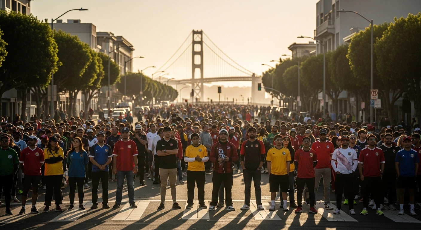 A diverse group of soccer fans wearing various team jerseys stand together in San Francisco to celebrate the upcoming FIFA World Cup.