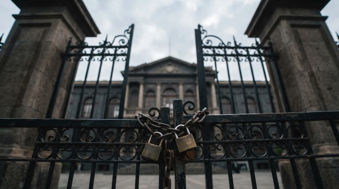 The locked gates of San Ignacio El Bosque school in Providencia, Chile, remain closed during an indefinite teachers' strike.
